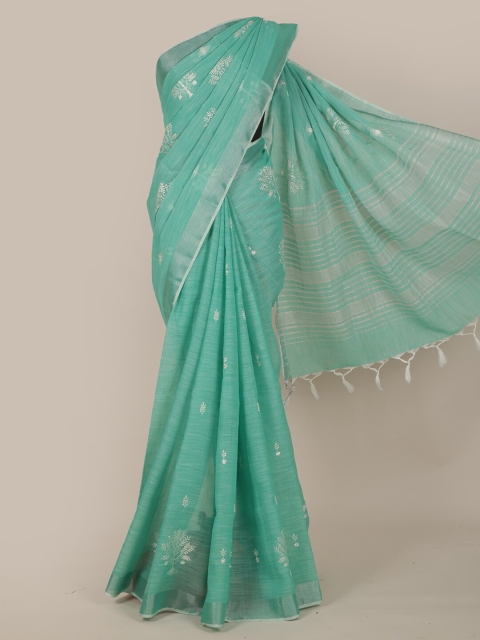

Pothys Sea Green Ethnic Motifs Embroidered Heavy Work Cotton Blend Saree