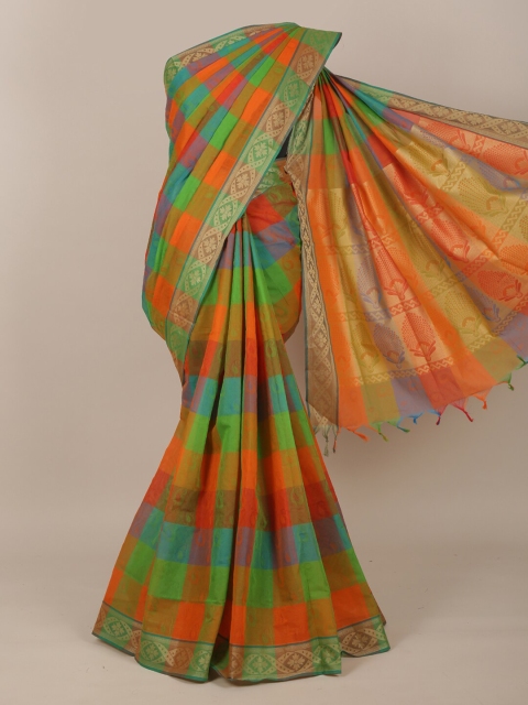 

Pothys Green & Orange Checked Pure Cotton Saree