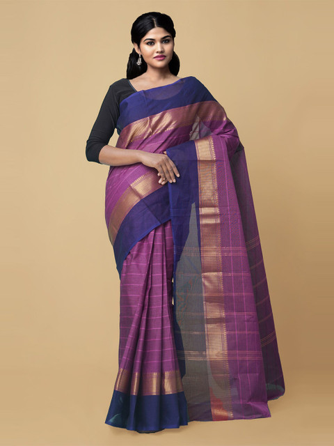 

Unnati Silks Purple & Blue Striped Pure Cotton Uppada Saree