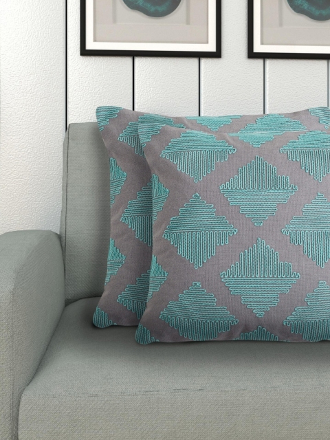 

Home Centre Grey & Turquoise Blue Set of 2 Embroidered Square Cushion Covers