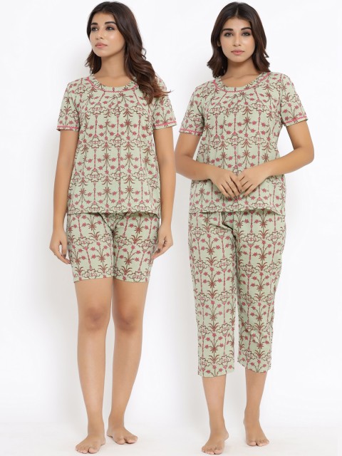 

ANAISA Women Sea Green & Pink Printed 3 Piece Cotton Night Suit Combo