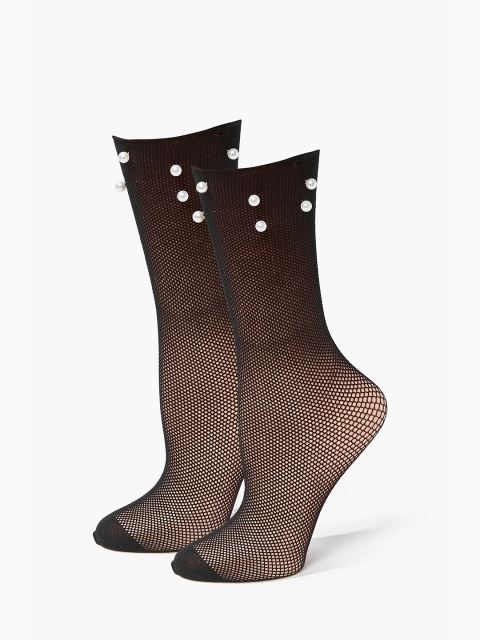 

FOREVER 21 Women Black Faux Pearl Fishnet Calf-Length Socks
