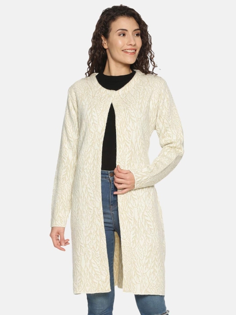 

PICOT Women Beige & White Longline Button Shrug