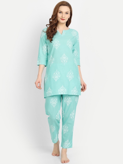 

Anubhutee Women Sea Green & White Printed Night suit