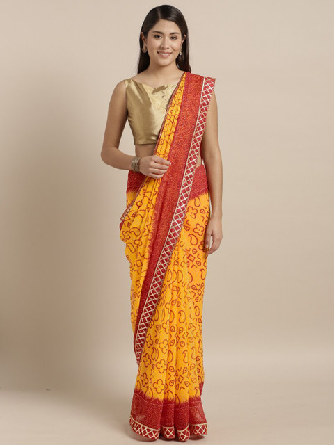 

Kvsfab Yellow & Red Bandhani Saree