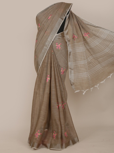 

Pothys Tan Floral Embroidered Zari Saree