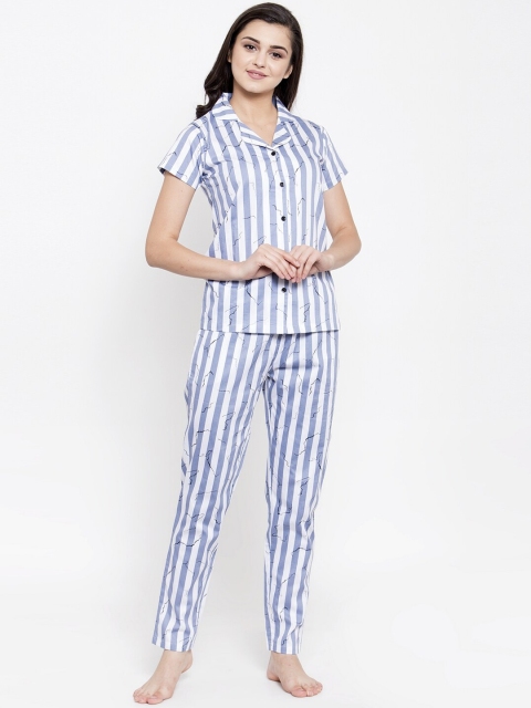 

Claura Women White & Blue Striped Night suit
