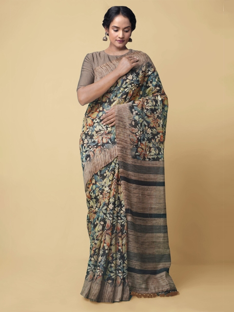 

Unnati Silks Black & Beige Floral Linen Blend Jamdani Saree