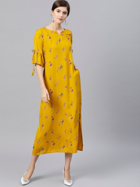 

GERUA Women Yellow & Blue Floral A-Line Midi Dress