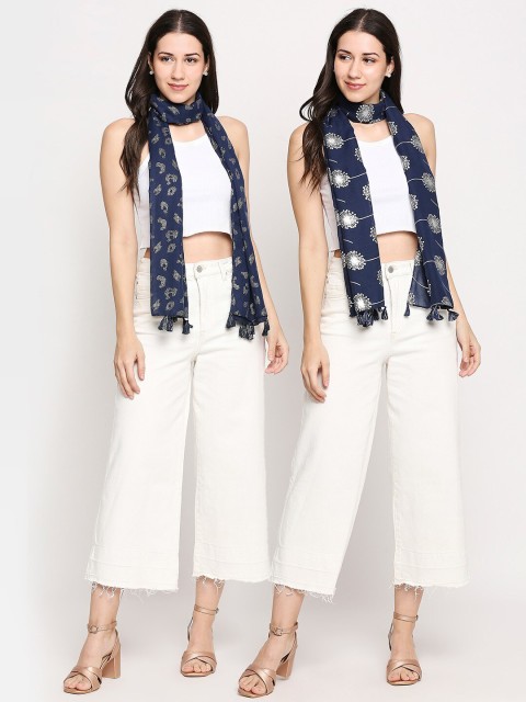 

Get Wrapped Pack of 2 Women Blue & Black Printed Scarf