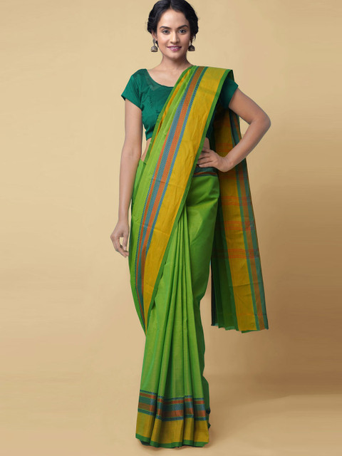 

Unnati Silks Green & Blue Zari Pure Cotton Uppada Handloom Saree