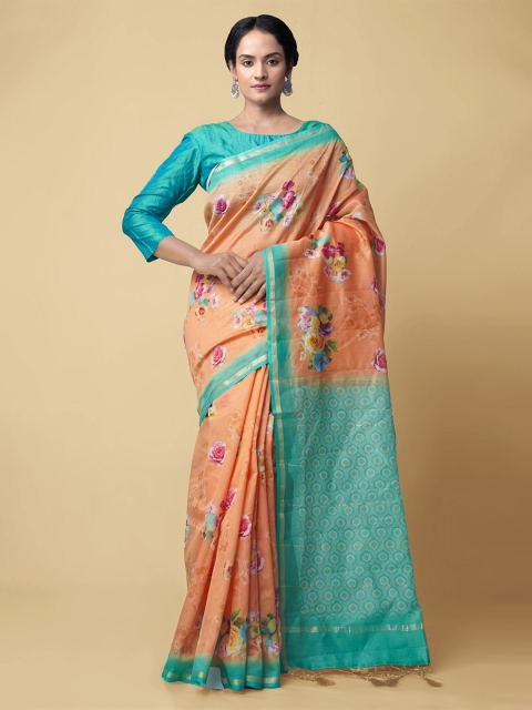 

Unnati Silks Orange & Turquoise Blue Floral Silk Cotton Chanderi Saree