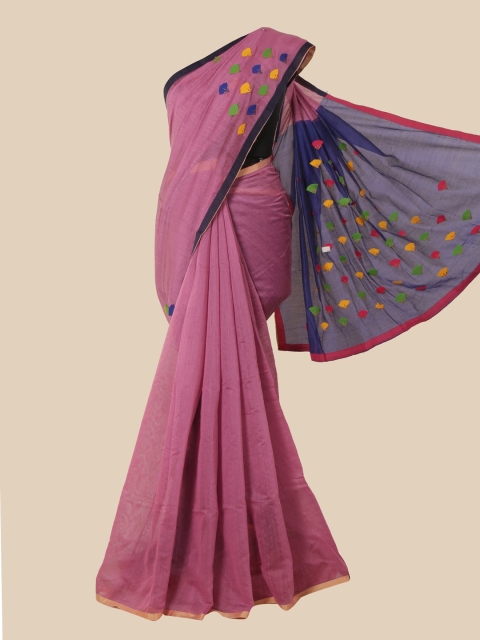 

Pothys Pink & Blue Cotton Blend Saree with Applique Detail