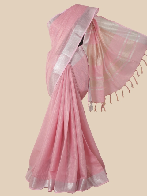 

Pothys Pink & Silver-Toned Striped Linen Blend Saree