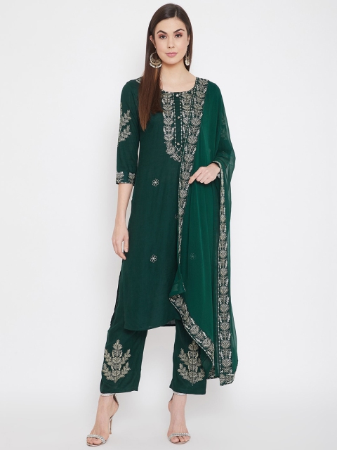 

Prakhya Women Green Floral Embroidered Kurta with Trousers & With Dupatta