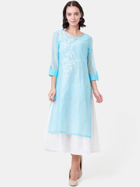 

IMARA Women Blue Floral Embroidered Kurta