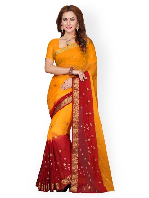 

KALINI Yellow & Red Bandhani Poly Chiffon Saree