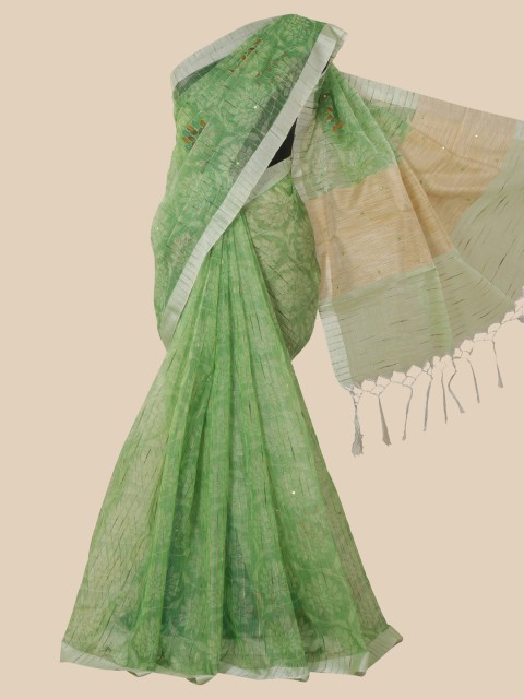 

Pothys Green & Brown Floral Tissue Saree