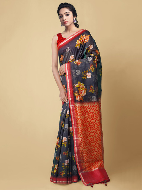 

Unnati Silks Black & Red Floral Silk Cotton Chanderi Saree