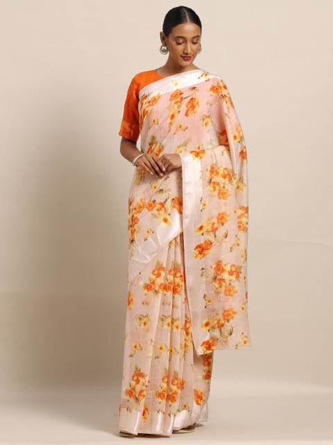 

Kvsfab Cream & Orange Floral Linen Blend Saree