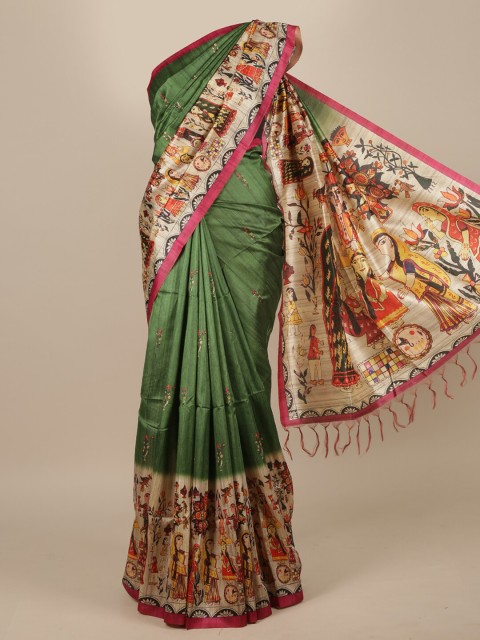 

Pothys Green & Pink Ethnic Motifs Jute Silk Saree