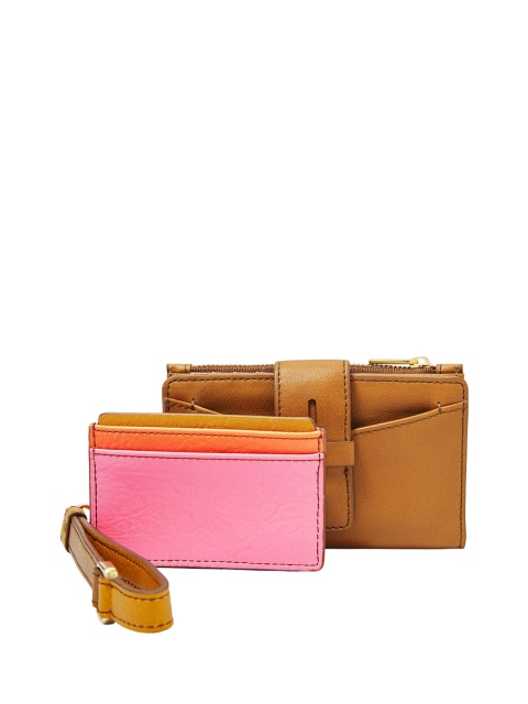 

Fossil Women Brown & Orange Colourblocked Textured Leather Two Fold Wallet