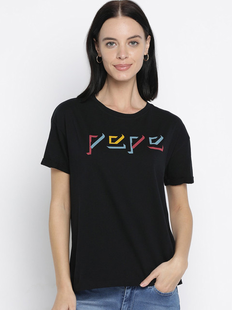 

Pepe Jeans Women Black Sports Printed Applique T-shirt