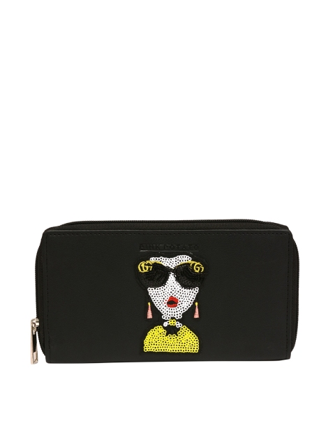 

Pink Potato Women Black & Yellow Graphic Embellished Leather Zip Around Wallet