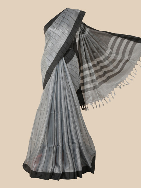 

Pothys Grey & Black Striped Linen Blend Saree