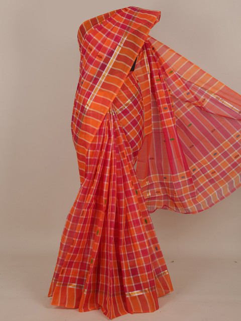 

Pothys Orange & Pink Checked Zari Pure Cotton Saree