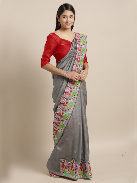 

Kvsfab Grey & Pink Floral Embroidered Silk Blend Saree