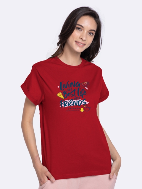 

Bewakoof Women Red Printed Pure Cotton Boyfriend T-Shirt