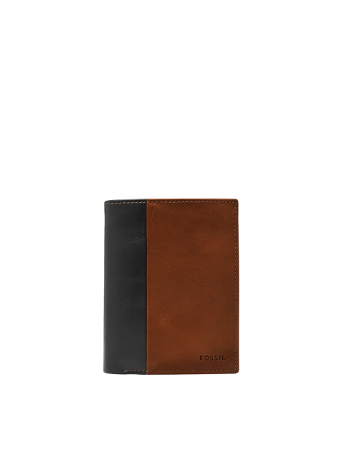 

Fossil Men Black & Brown Colourblocked Leather Two Fold Wallet
