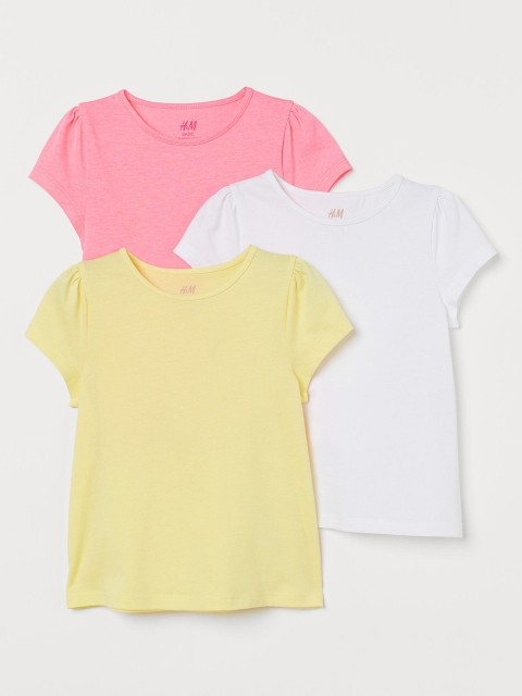 

H&M Girls Multicoloured Solid 3-Pack Puff-Sleeved Tops, Multi