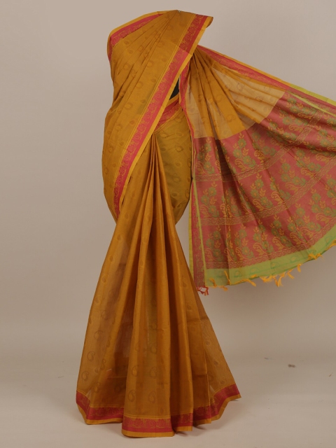 

Pothys Mustard Yellow & Pink Woven Design Pure Cotton Saree