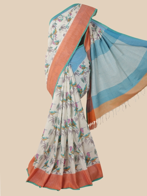 

Pothys White Ethnic Motifs Linen Blend Saree
