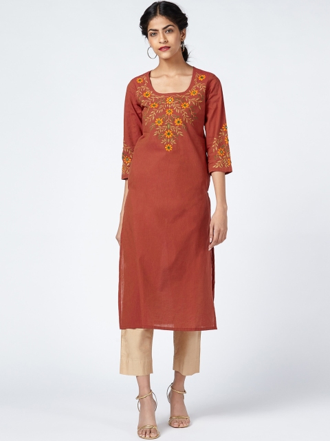 

OKHAI Women Rust Ethnic Motifs Yoke Design Handloom Kurta