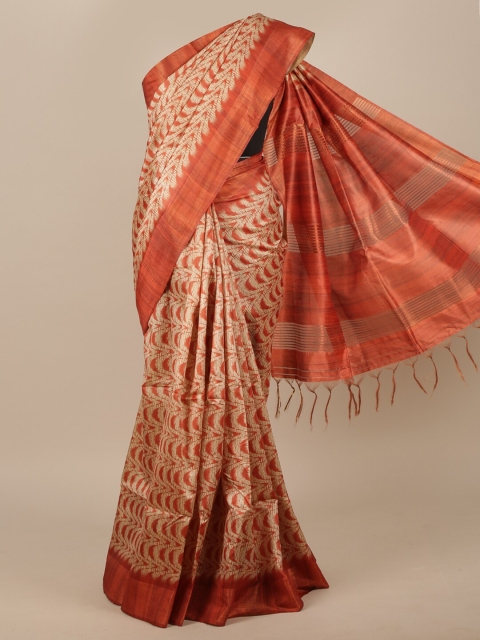 

Pothys Cream & Rust Red Jute Silk Saree