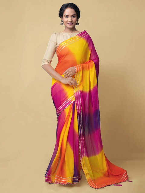 Unnati Silks Yellow & Purple Pure Chiffon Bhagalpuri Saree