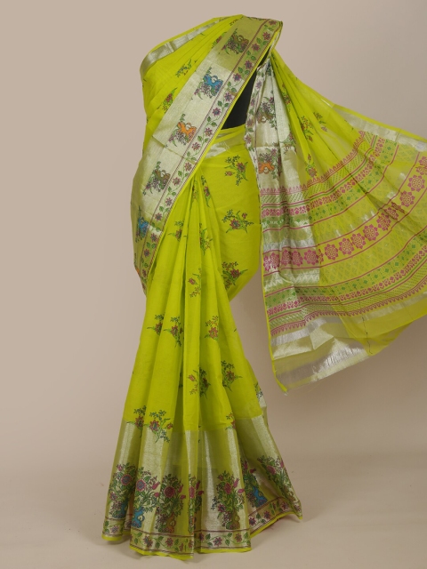 

Pothys Fluorescent Green & Blue Floral Zari Pure Cotton Saree