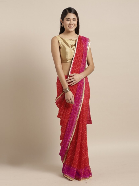 

Kvsfab Pink & Red Bandhani Gotta Patti Bandhani Poly Georgette Saree