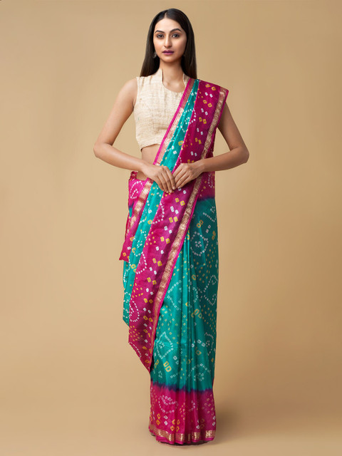 

Unnati Silks Sea Green & Pink Bandhani Pure Silk Bandhani Saree