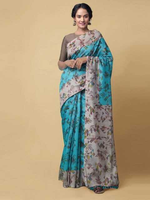 

Unnati Silks Blue & Brown Linen Blend Handloom Jamdani Saree