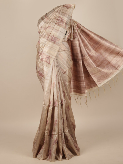 

Pothys Tan & Pink Floral Jute Silk Saree