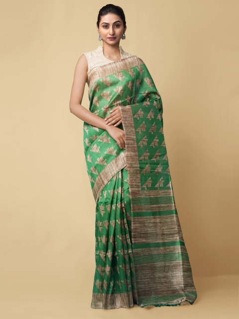 

Unnati Silks Green & Beige Pure Linen Jamdani Saree