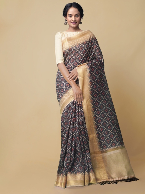 

Unnati Silks Navy Blue & Rust Kalamkari Silk Cotton Chanderi Saree