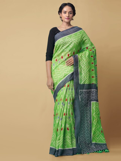 

Unnati Silks Green & White Pure Silk Sambalpuri Saree