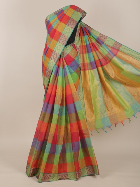 

Pothys Orange & Blue Checked Pure Cotton Saree