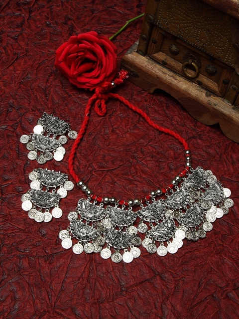 Moedbuille Silver-Plated Stone Beaded Tasseled Design Tribal Jewellery Set