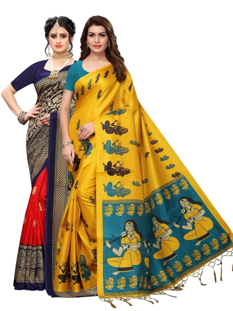 

KALINI Pack Of 2 Navy Blue & Yellow Woven Design Zari Art Silk Saree